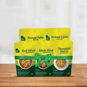 Breakfast Combo 2 - 1 Poha, 1 Upma, 1 Misal Red, 1 Misal Black, 1 Moong Dal Sheera